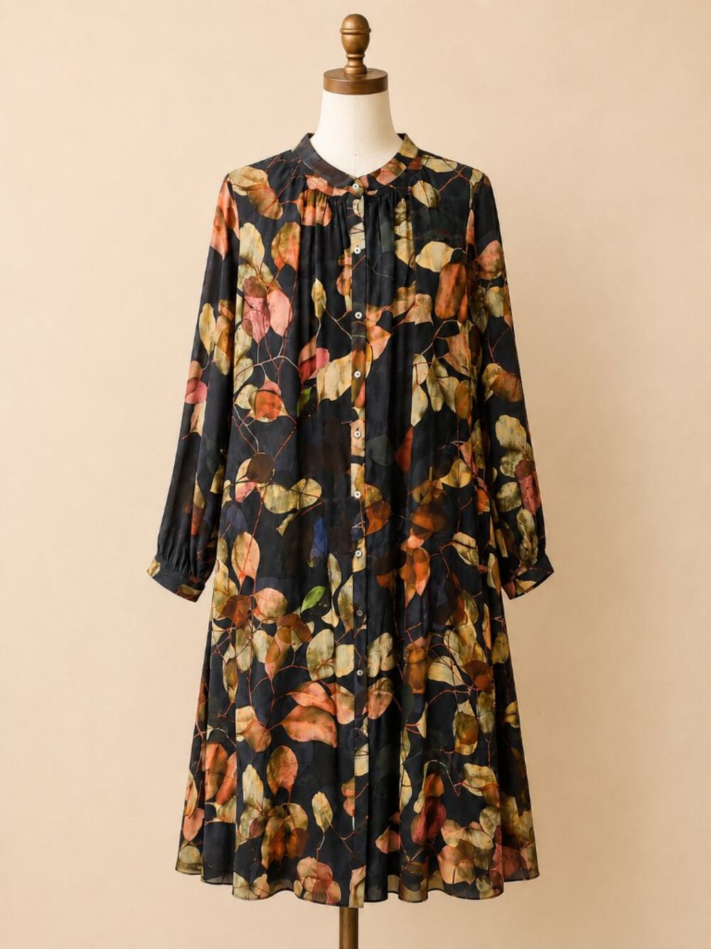 Poetry London 100% Silk Crêpe de Chine Leaf Print Shirt Dress | US 10